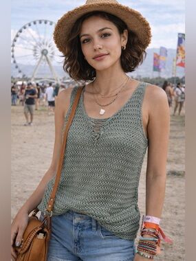 Cotton On Sage Green Crochet Tank Festival Boho Knit Sleeveless Top Small